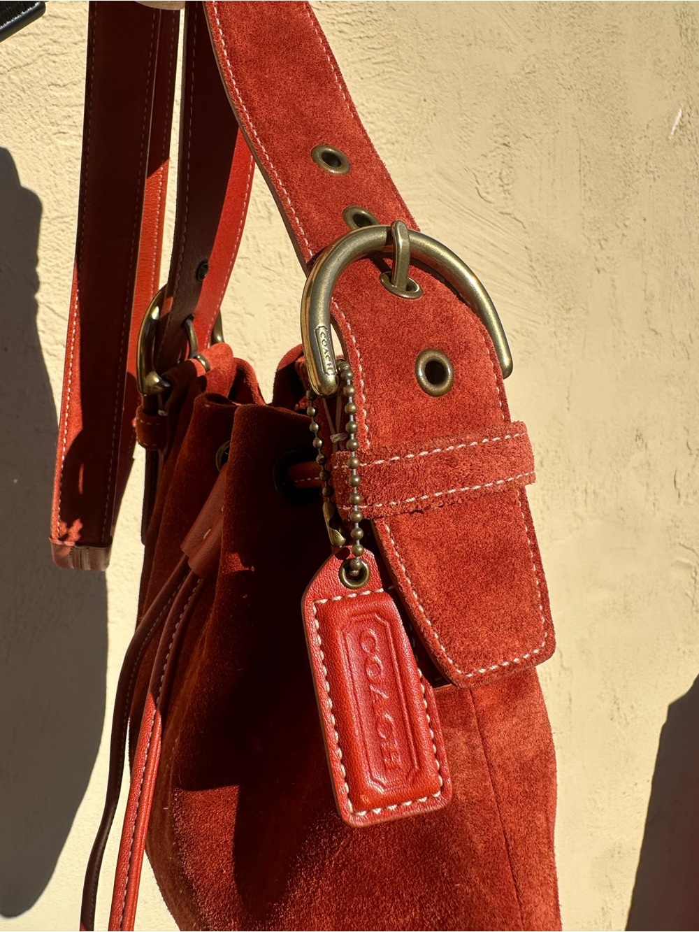 Coach Rust Orange Suede Drawstring Crossbody Bag - Picture 7 of 9